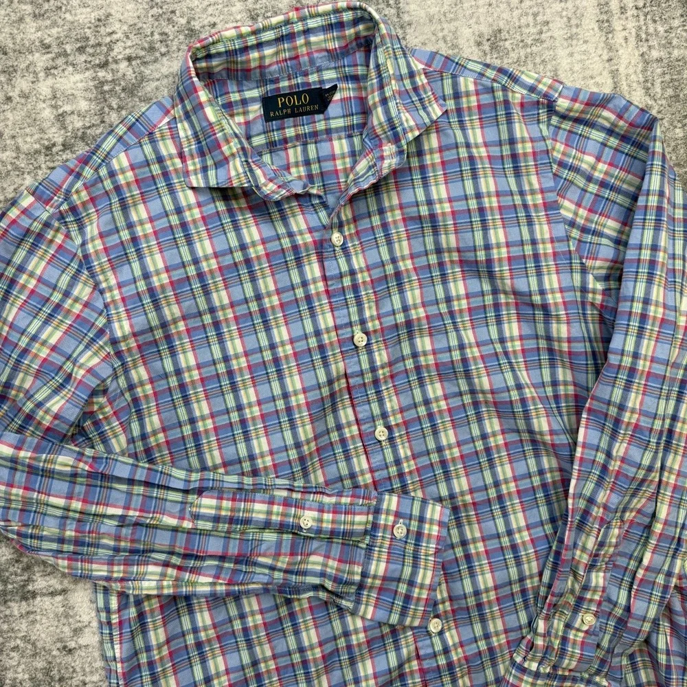 Polo Ralph Lauren Shirt Mens Medium Blue‎ Plaid Sport Button Up Preppy Easter